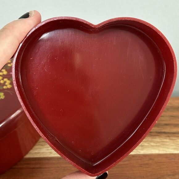 Vtg Set of 3 Heart Nesting Boxes Melamine Red Floral Lided Trinket Keepsake Dish - Picture 9 of 14